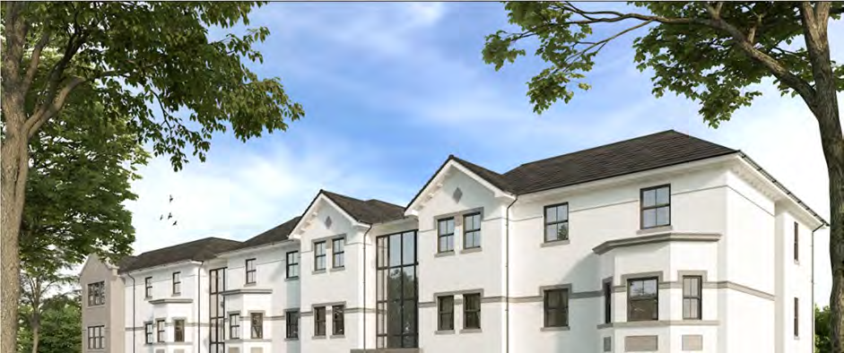 Architectural perspective rendering of a large white residential building with dark roofing and large windows, framed by trees.