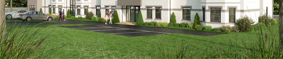 A photorealistic visualisation of a large white detached house featuring a paved driveway, parking area, and surrounding landscaping.