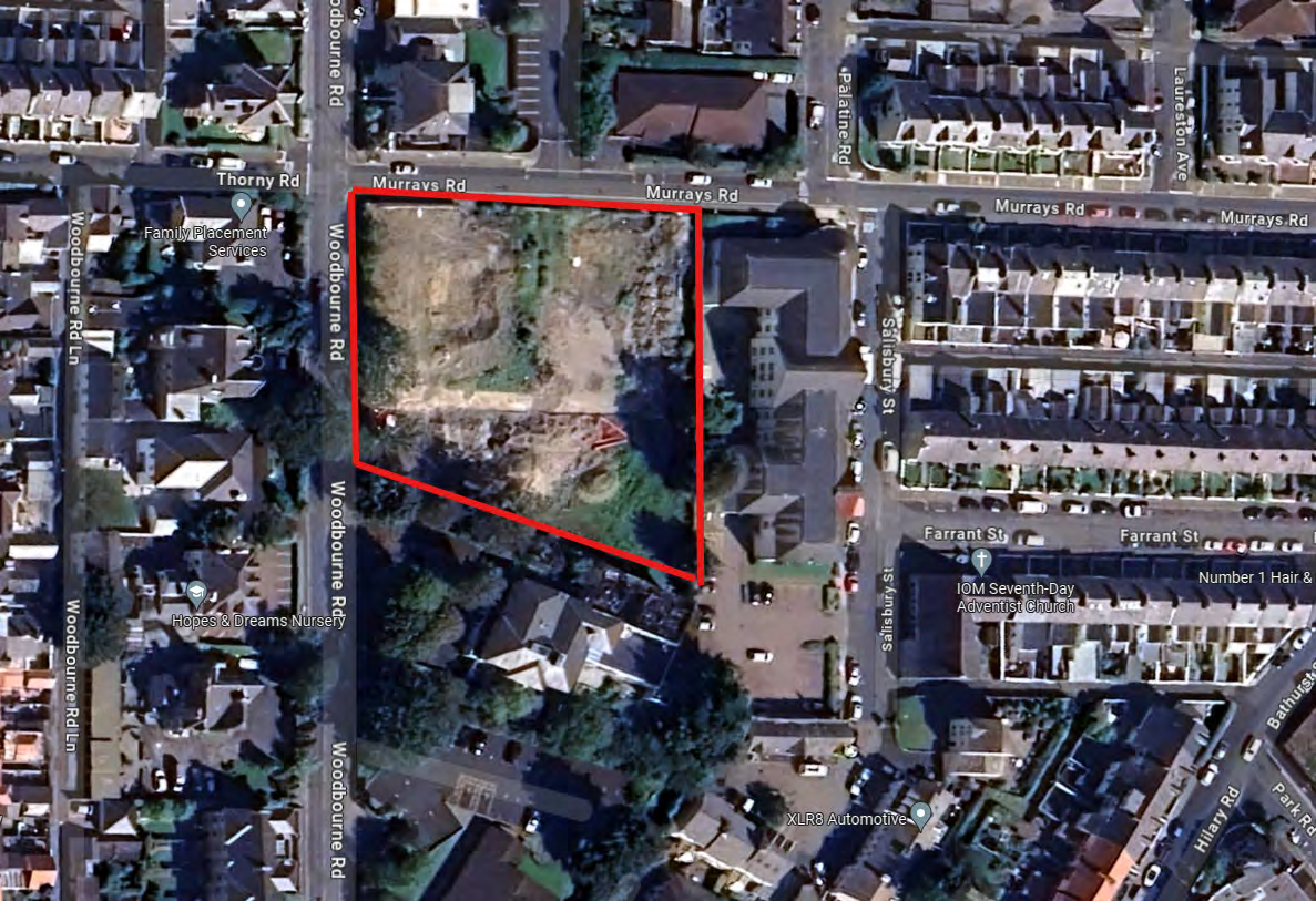 Aerial site location map showing a plot of land outlined in red on Woodbourne Road, surrounded by residential housing.