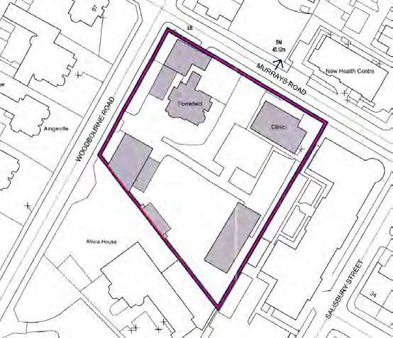 A site plan showing a property boundary outlined in purple, surrounded by roads like Woodburner Road and Murrays Road, with labels for nearby buildings such as a Clinic.