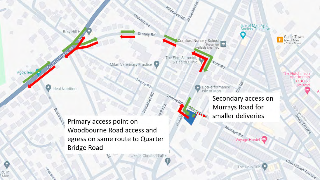 A digital map showing site access routes with red and green arrows indicating traffic flow and text boxes detailing primary and secondary access points.