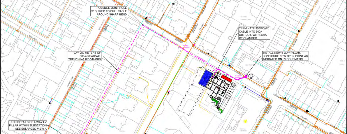 Technical site plan showing utility cable routes, trenching details, and infrastructure points overlaid on a street map.