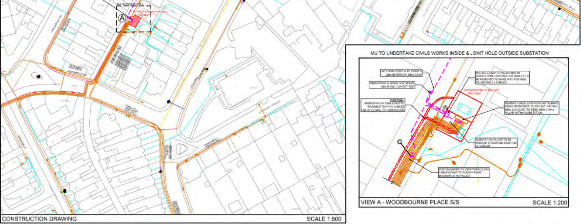 A technical construction drawing sheet featuring a site location plan on the left and a detailed civil engineering diagram of substation works on the right.