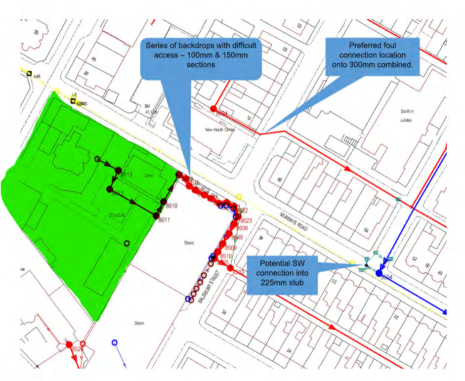 A technical site plan illustrating drainage utility routes, connection points, and site boundaries overlaid on a street map.
