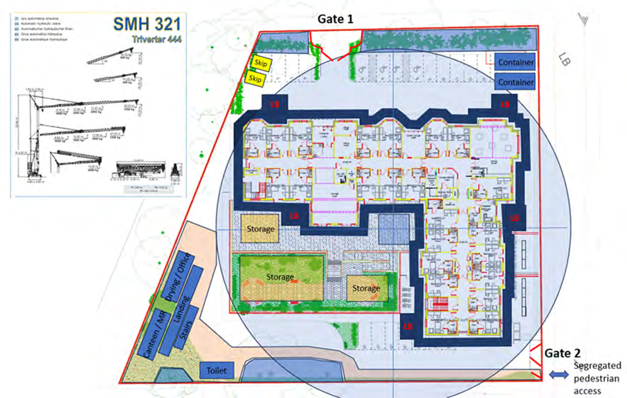 A technical site plan showing a construction management layout with designated storage areas, containers, and building footprint.
