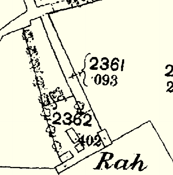 A black and white map extract showing land parcels, boundaries, and plot numbers such as 2361 and 2362.