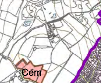 A site location map extract showing rural field boundaries, roads, and a highlighted area labeled 'Cem'.