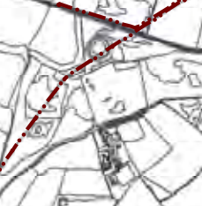 A black and white site plan showing field boundaries and a prominent red dotted line running diagonally across the map.