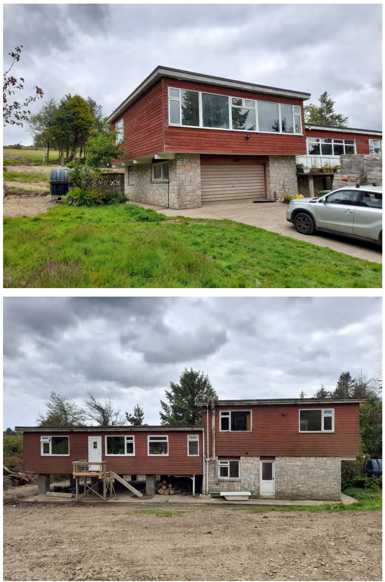 Two photographs showing the exterior of a two-story house with red timber cladding and a stone base, featuring a garage and driveway in the top image and a lower extension area with bare ground in the bottom image.