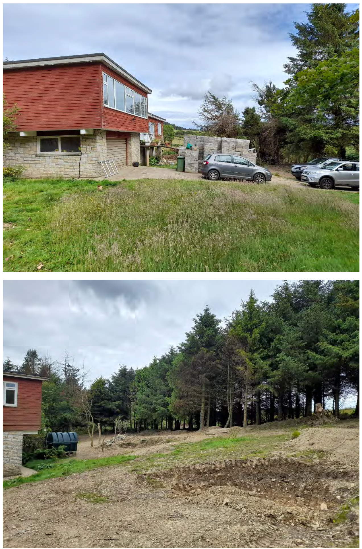 Composite image showing the exterior of a modern detached house with red cladding and a sloping garden area with trees and disturbed earth.