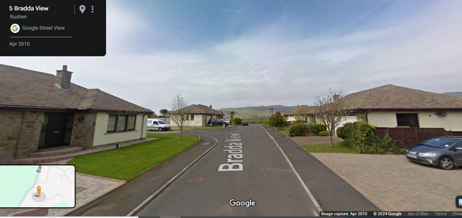 Google Street View image showing the existing detached bungalow at 5 Bradda View in Rushen, Isle of Man.