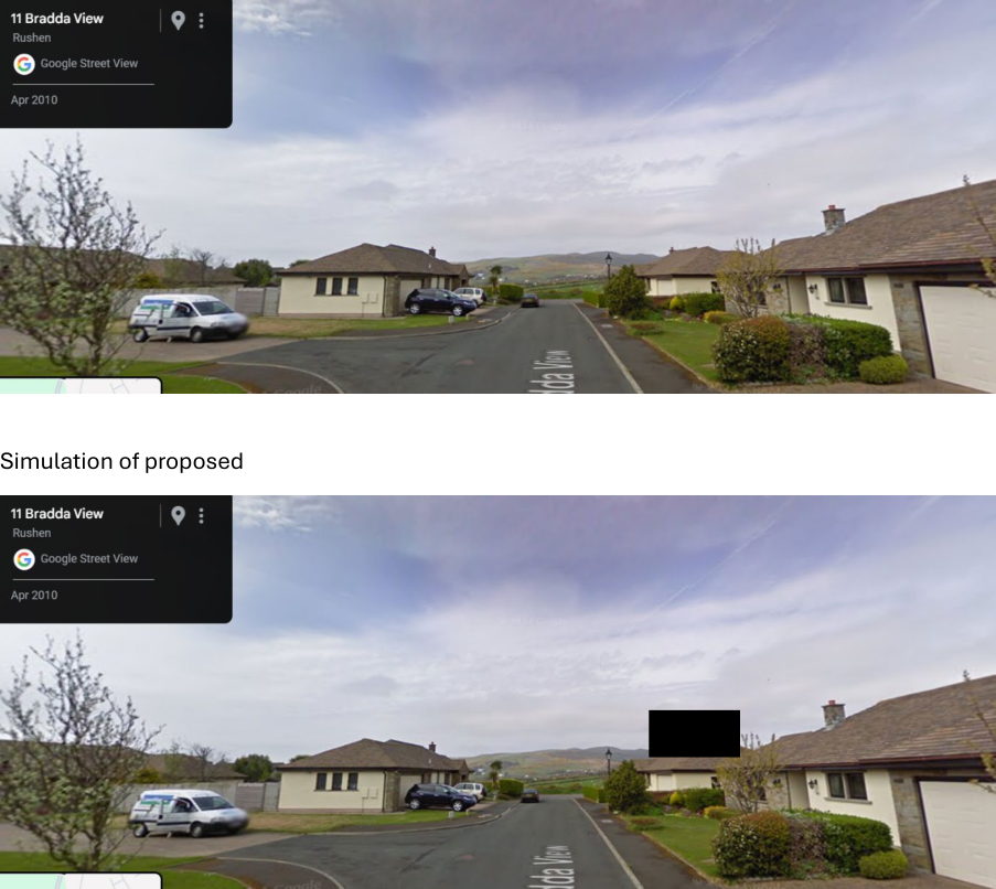 A Google Street View screenshot of a residential street with detached bungalows, followed by a simulation showing a proposed roof extension.