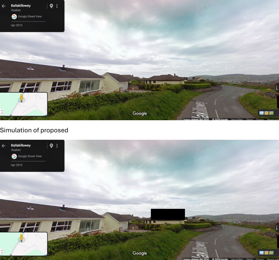 A Google Street View screenshot of a residential road in Ballakilley, Rushen, showing detached houses and a curving road. The bottom section is labeled 'Simulation of proposed' and appears to be a photomontage of the...