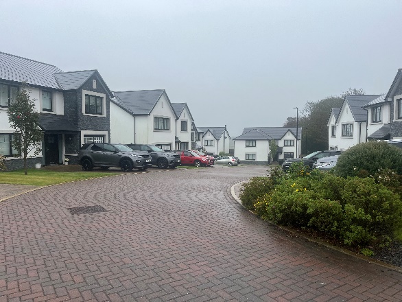 A photograph showing a row of modern detached houses with a paved driveway and parked cars in the foreground under an overcast sky.