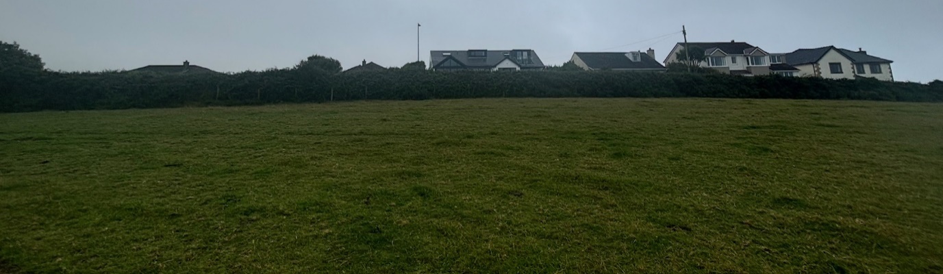 A panoramic photograph showing a large grassy field in the foreground with a row of residential houses visible in the background behind a dense hedge.