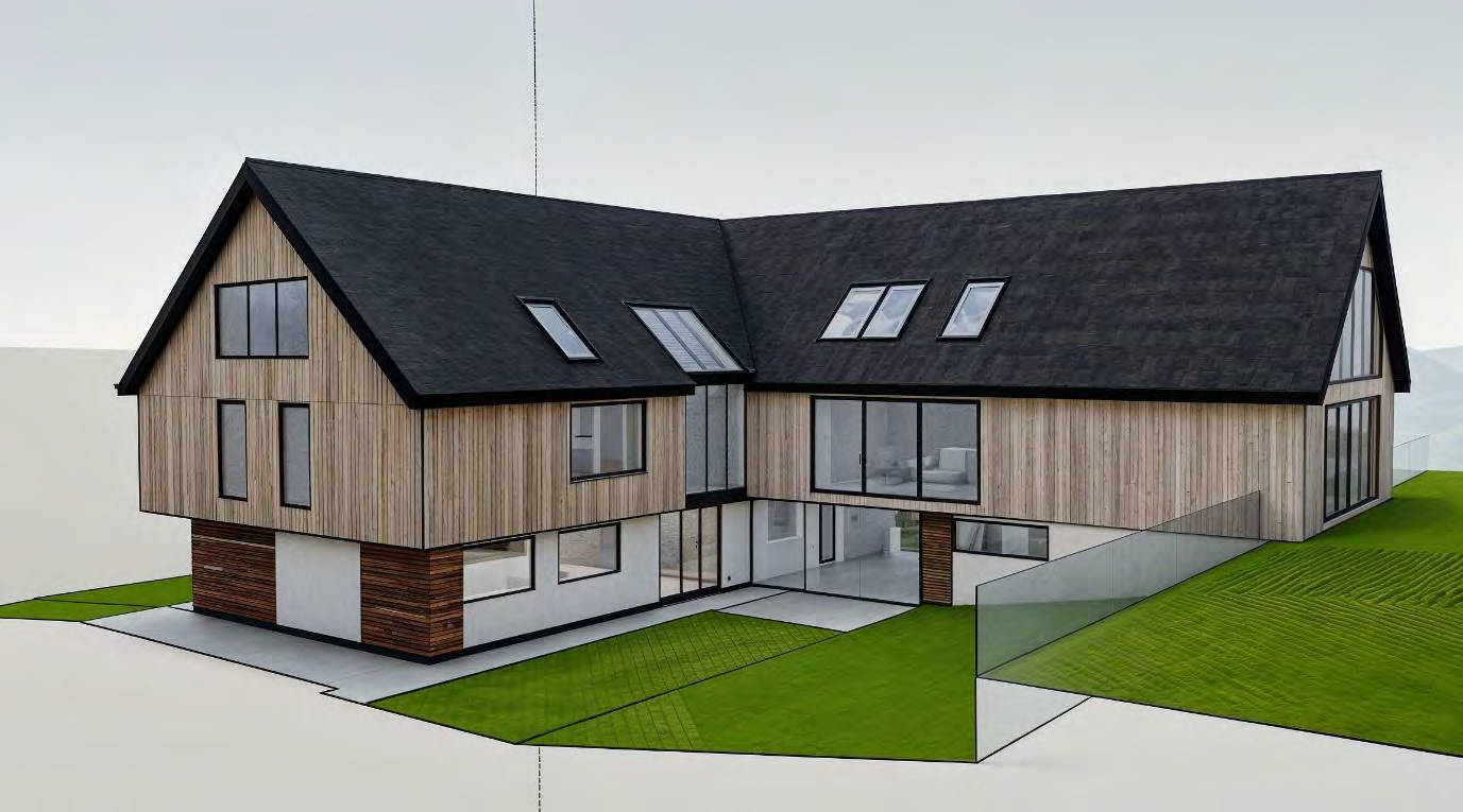 A 3D architectural rendering of a modern detached house featuring wooden cladding, a dark pitched roof, and surrounding landscaping.
