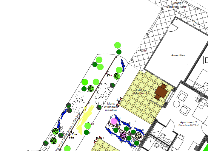 A site plan detailing soft and hard landscaping features including a wildflower meadow, paved areas, and building footprints.