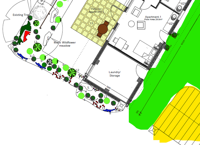 Architectural drawing showing a floor plan with adjacent landscaping, parking area, and existing trees.