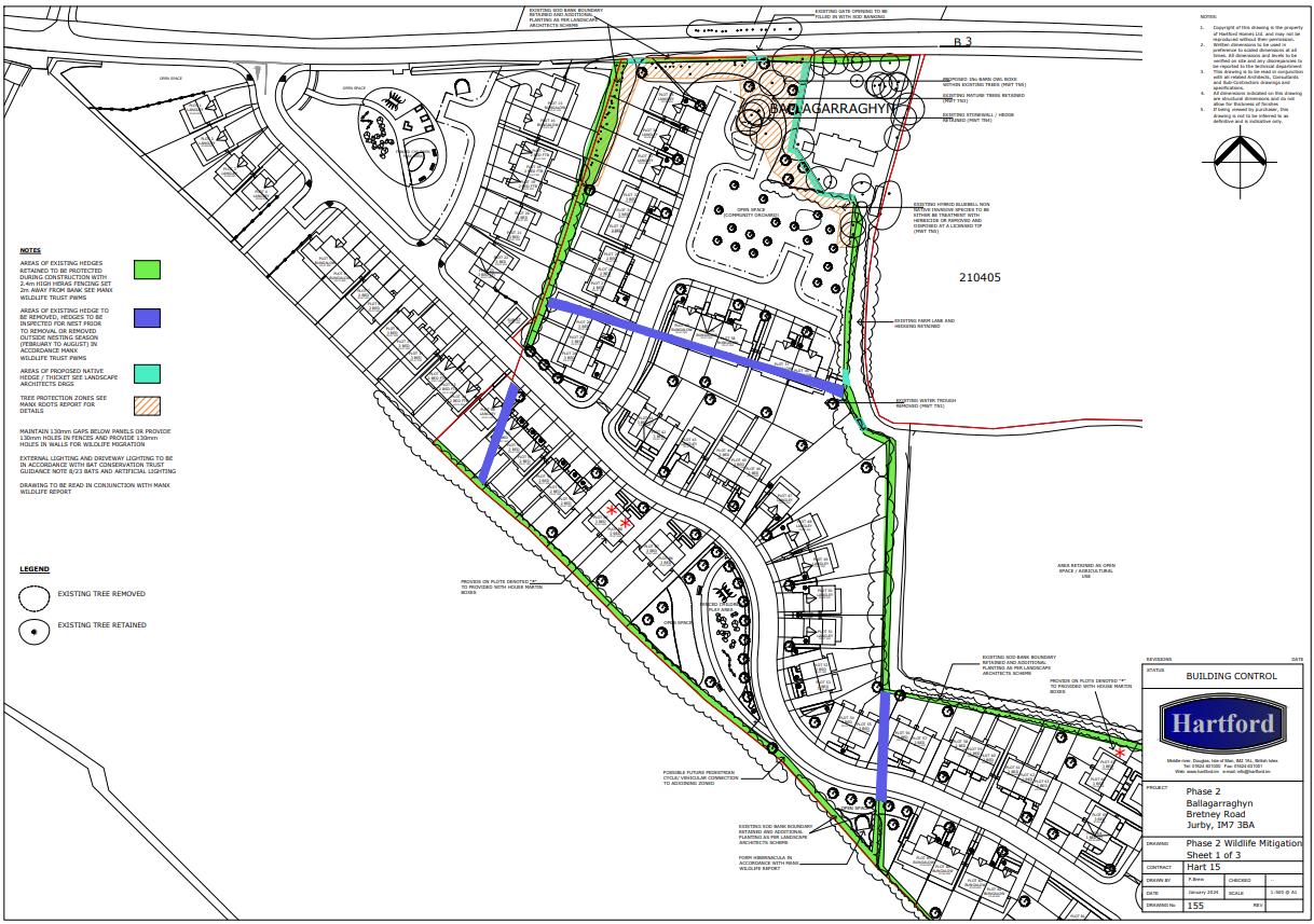 A technical site plan illustrating the layout of a housing development with detailed landscaping zones, hedge retention areas, and wildlife mitigation measures.
