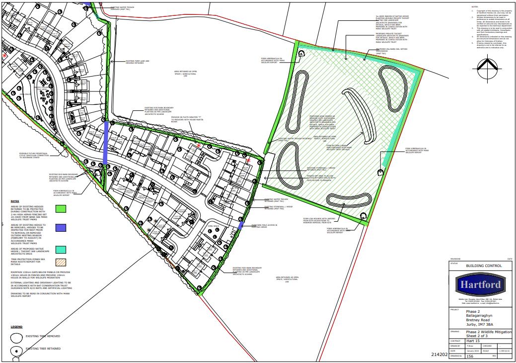 A technical site plan showing a housing development layout with specific landscaping features, including lizard hibernacula and tree protection zones.