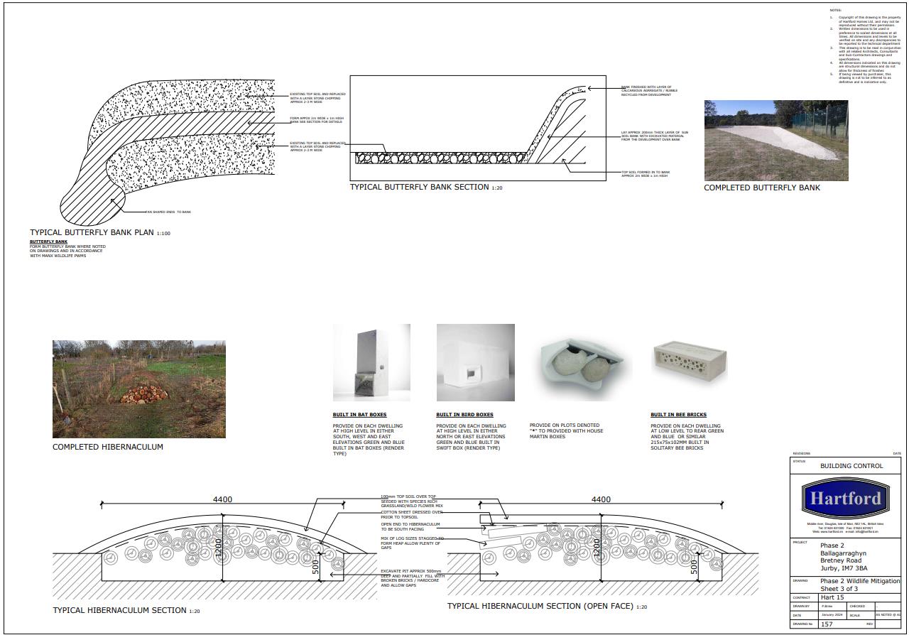 A technical drawing sheet detailing wildlife mitigation measures, featuring cross-sections of a hibernaculum and butterfly bank alongside photographs of completed structures and wildlife boxes.