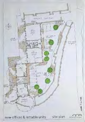 A site plan illustrating the layout of new offices and lettable units, including parking areas, access roads, and landscaping with trees.