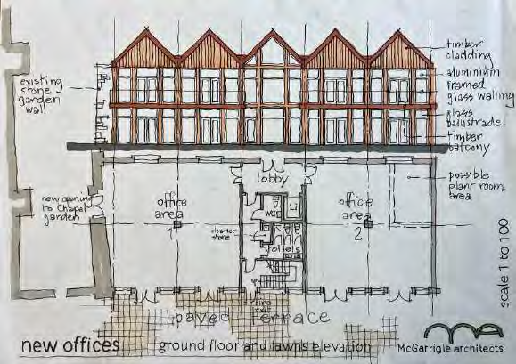 Hand-drawn architectural sketch showing the ground floor plan and elevation of proposed new offices with landscaping details.