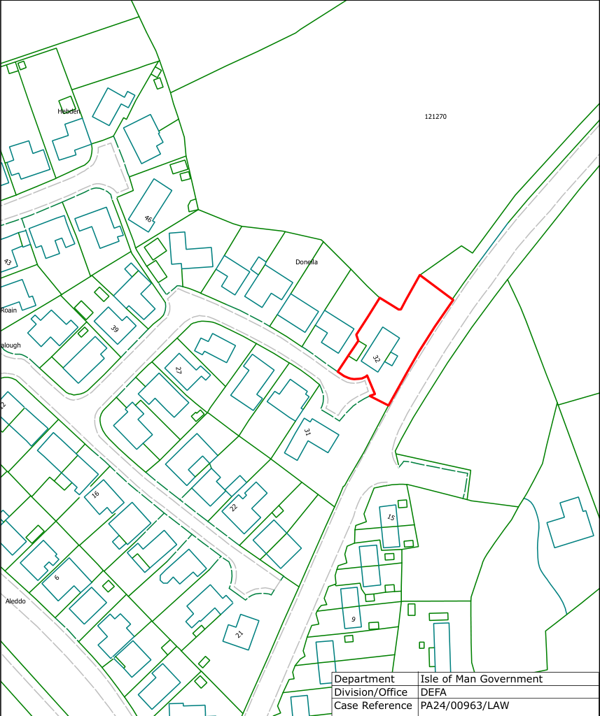 A site plan illustrating property boundaries and building footprints, highlighting the specific plot with a red outline.