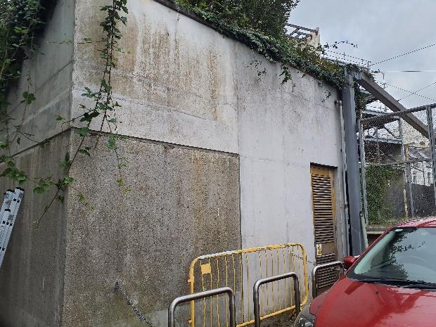 A photograph showing a weathered concrete wall with ivy growth, a yellow safety barrier, and the front of a red car.