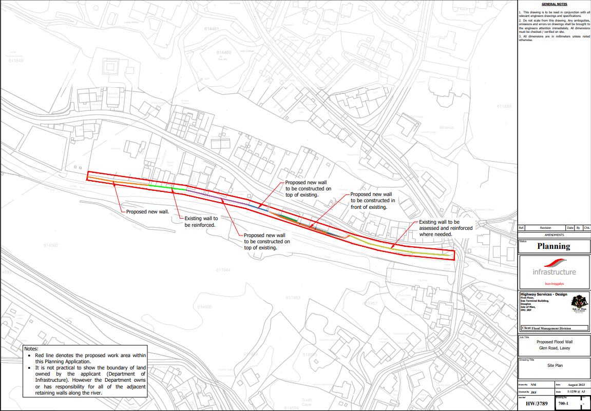 Site plan showing proposed flood wall construction along the Laxey River, detailing new walls and reinforcement of existing structures.