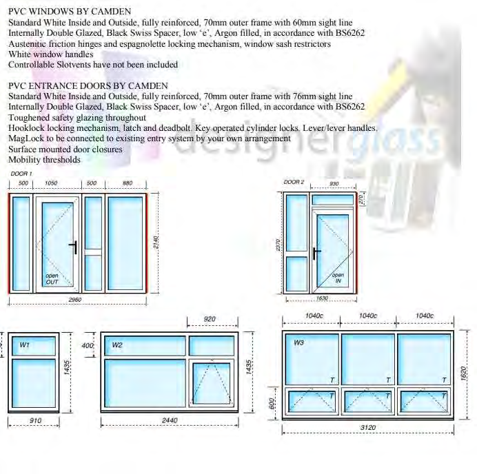 Technical specification sheet and elevation drawings detailing dimensions and features for PVC windows and entrance doors.