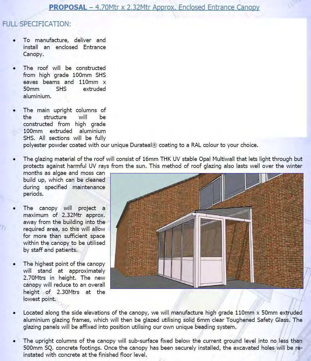 A technical specification page detailing the construction of an enclosed entrance canopy, featuring a 3D rendering of the proposed structure attached to a brick building.