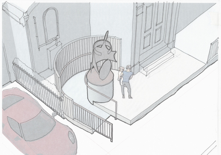 An architectural perspective sketch illustrating a proposed curved access ramp with a metal screen and sculpture installation.