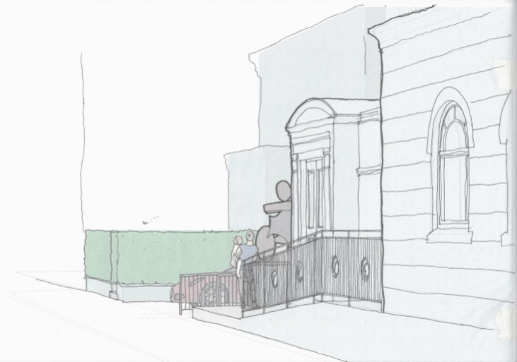 Architectural elevation sketch showing a building facade with a new access ramp, metal railing, and a sculpture.
