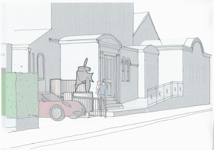 An architectural perspective drawing showing a building facade with a new access ramp, curved metal screen, and a sculpture in the foreground.