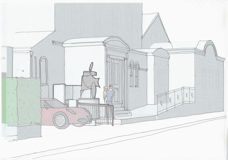 Architectural perspective drawing showing a building facade with a new access ramp, sculpture, and figures.