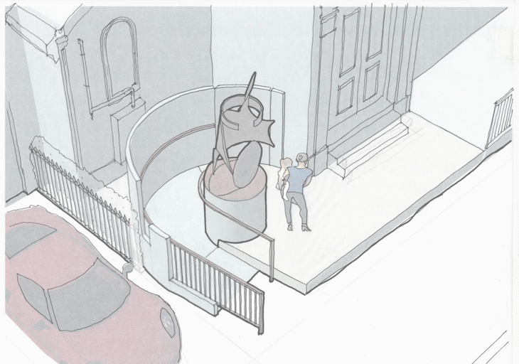 An architectural sketch showing a building entrance with a new curved ramp, a central sculpture, and a person for scale.