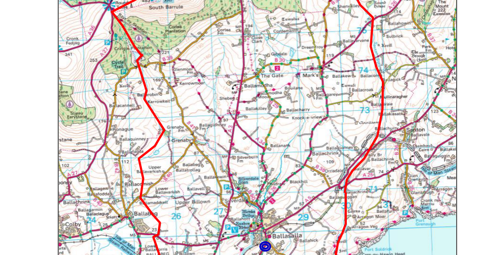 A topographical map showing a site location near Ballasalla with a red boundary line and a blue marker.