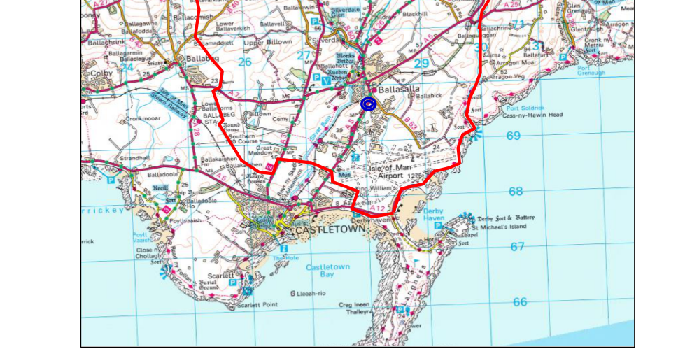 A topographical location map of the Isle of Man showing the southern region near Castletown and Ballasalla, with a red boundary line and a blue marker indicating the site location.