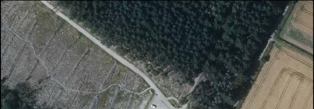 An aerial photograph showing a rural landscape with a road, a dense area of woodland, and adjacent agricultural fields.