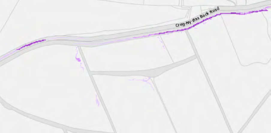 A map showing the location of Creg-Ny-Baa Back Road with purple highlighted boundaries along the roadside.