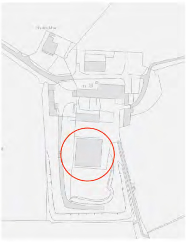 A site plan showing the layout of a property with surrounding roads and neighboring buildings, featuring a red circle highlighting a specific structure.