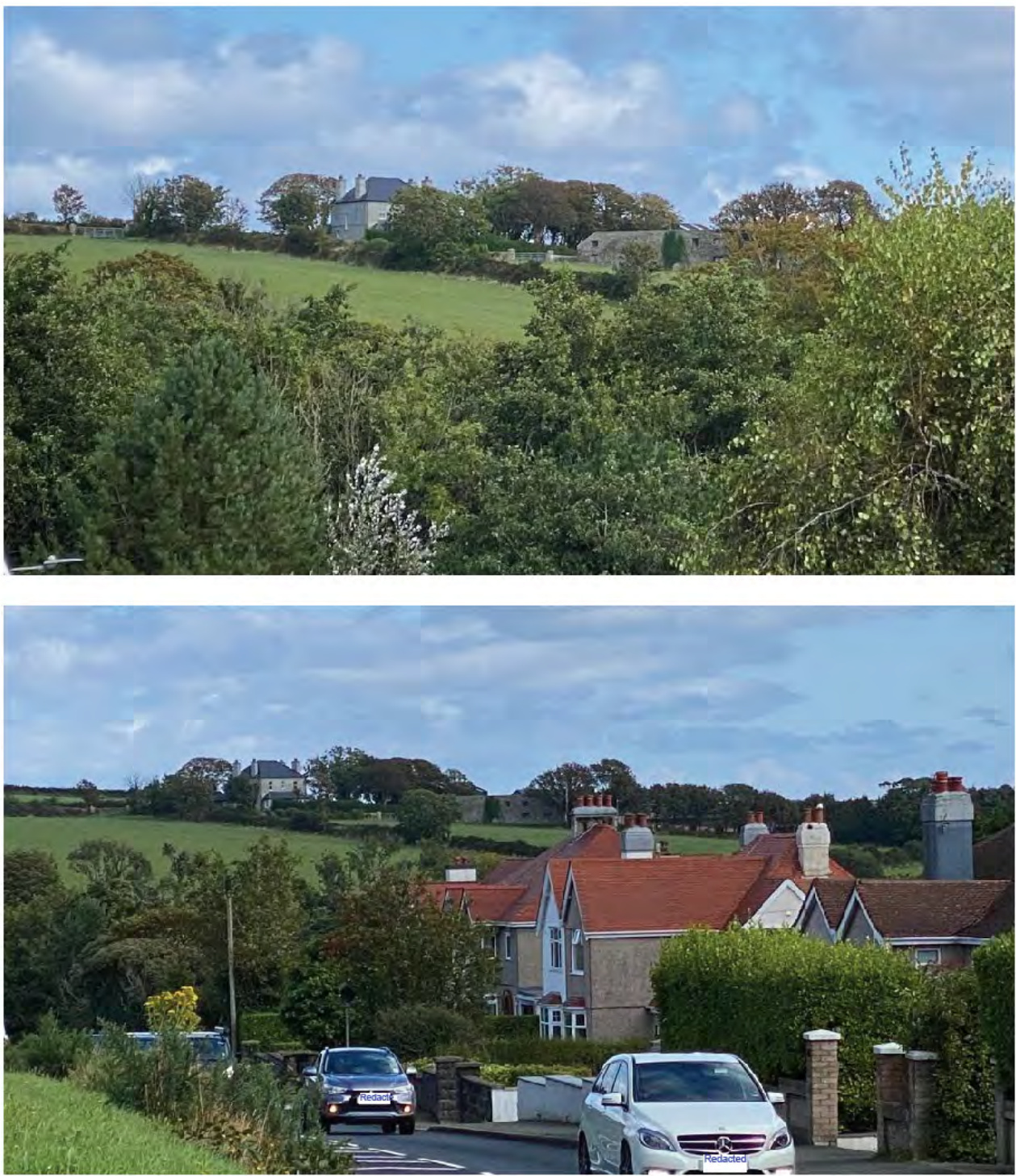 Composite image showing two views of the site surroundings, including a distant house on a hillside and a street scene with terraced housing and cars.