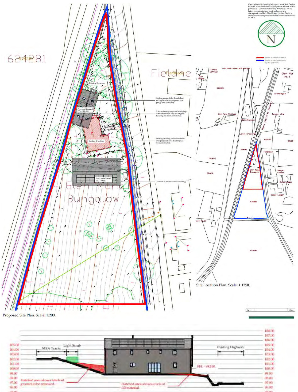 Composite technical sheet showing a proposed site plan, site location plan, and a cross-section of the proposed dwelling.