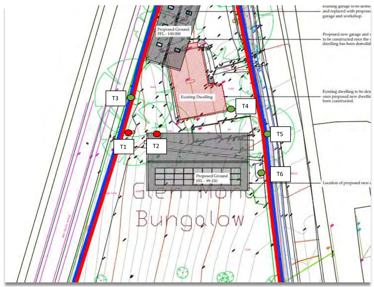 A site plan showing the layout of an existing dwelling and garage alongside proposed new structures, including tree surveys and boundary lines.
