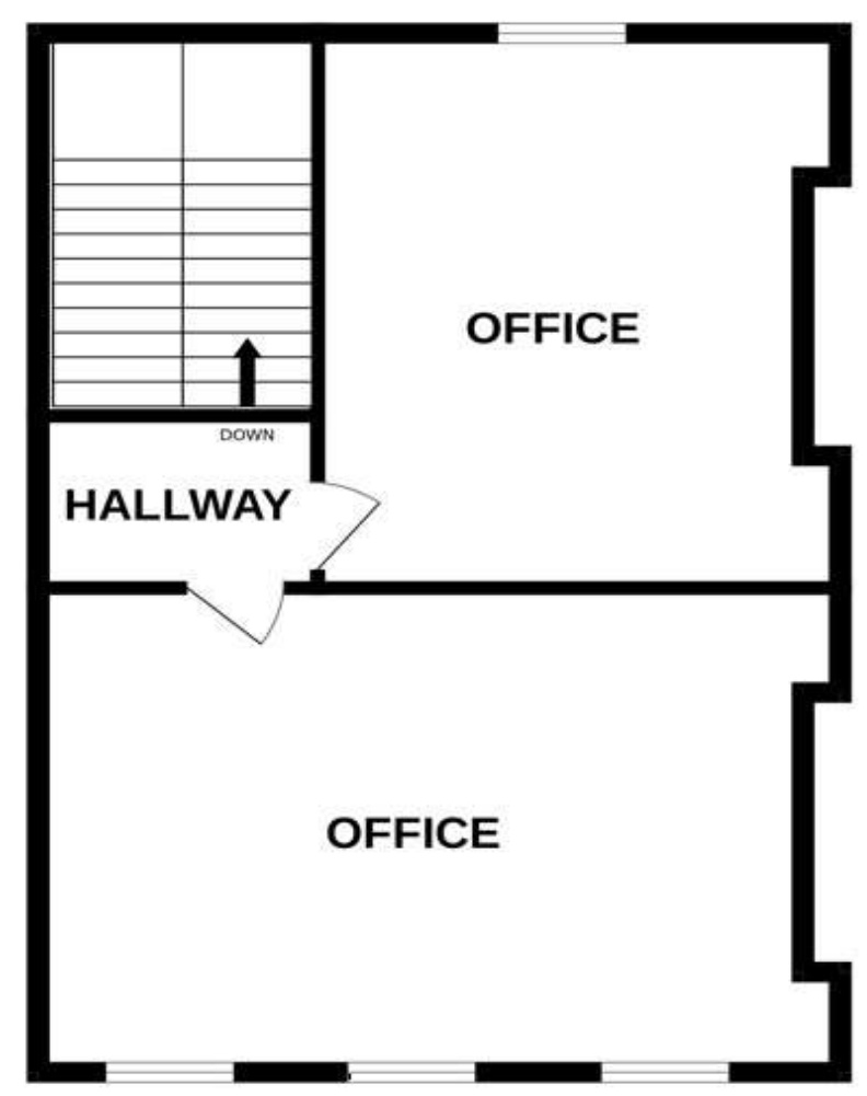 A black and white architectural floor plan showing a hallway, stairs, and two rooms labeled as offices.