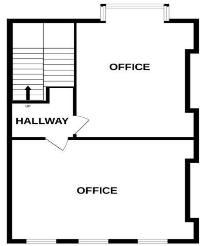 This image displays a black and white architectural floor plan showing a hallway, stairs leading up, and two rooms labeled as offices.