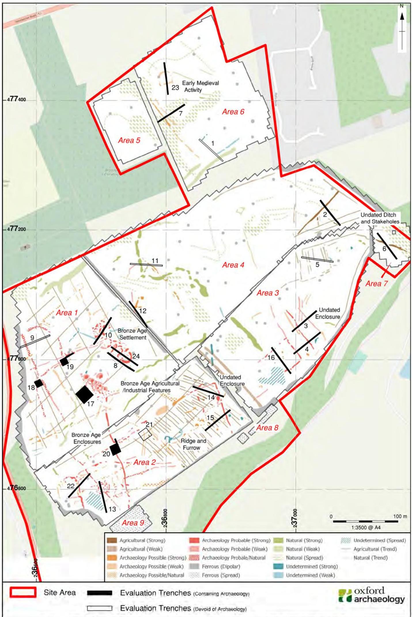 An archaeological site plan showing evaluation trenches and features like Bronze Age settlements overlaid on a map.