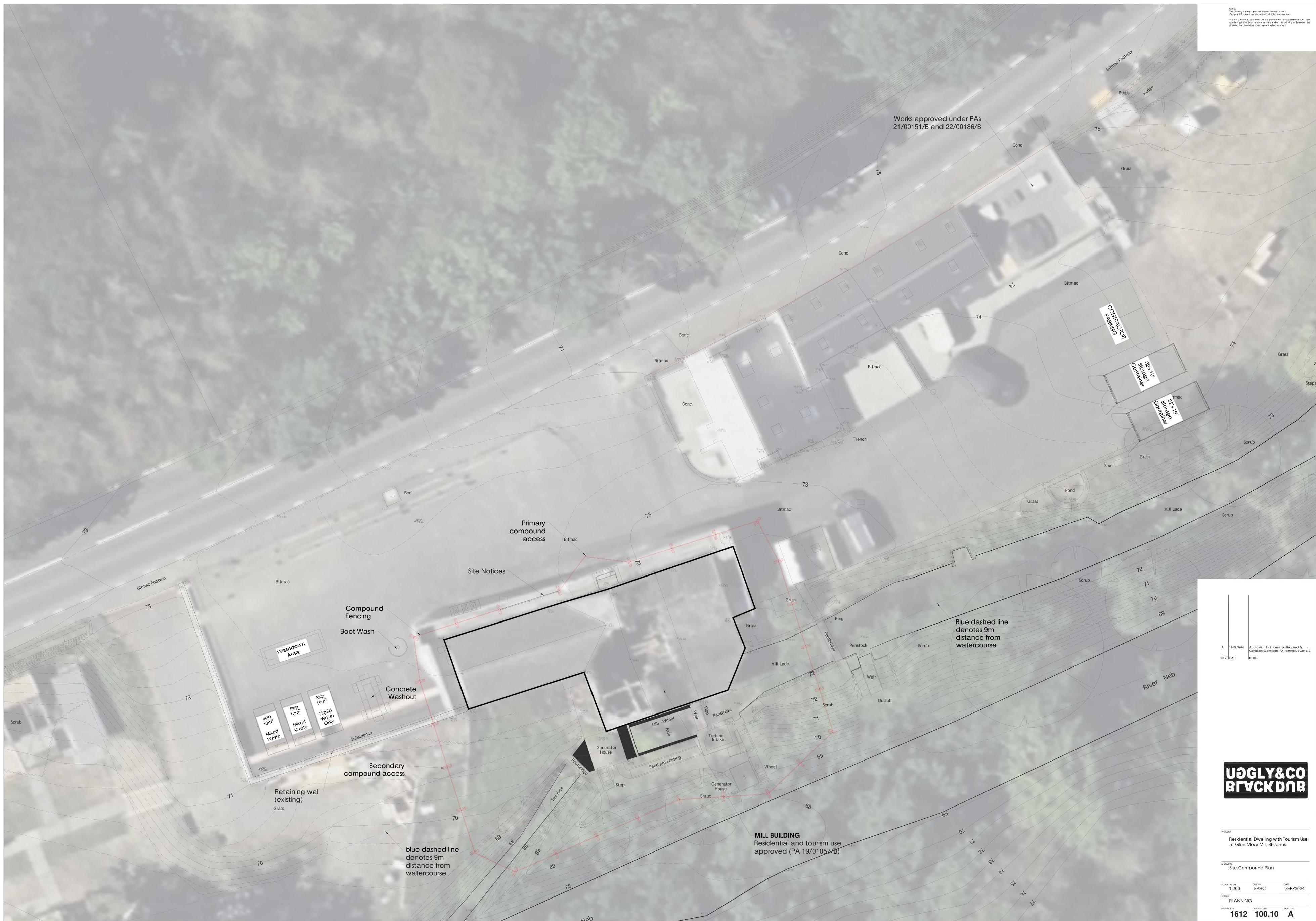 An aerial site plan showing a construction compound layout with access points, fencing, and drainage measures near a watercourse.