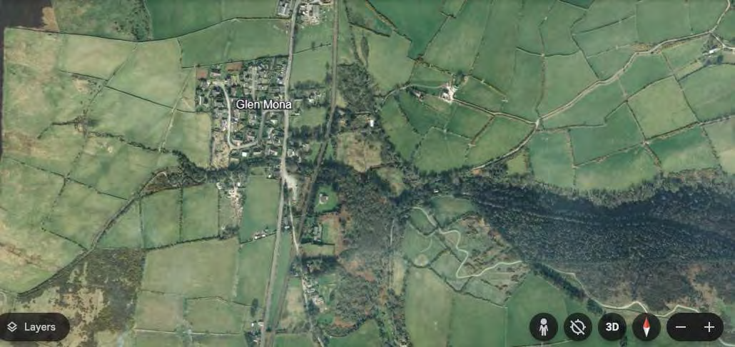 Aerial satellite map view showing the rural settlement of Glen Mona surrounded by green agricultural fields and hedgerows.